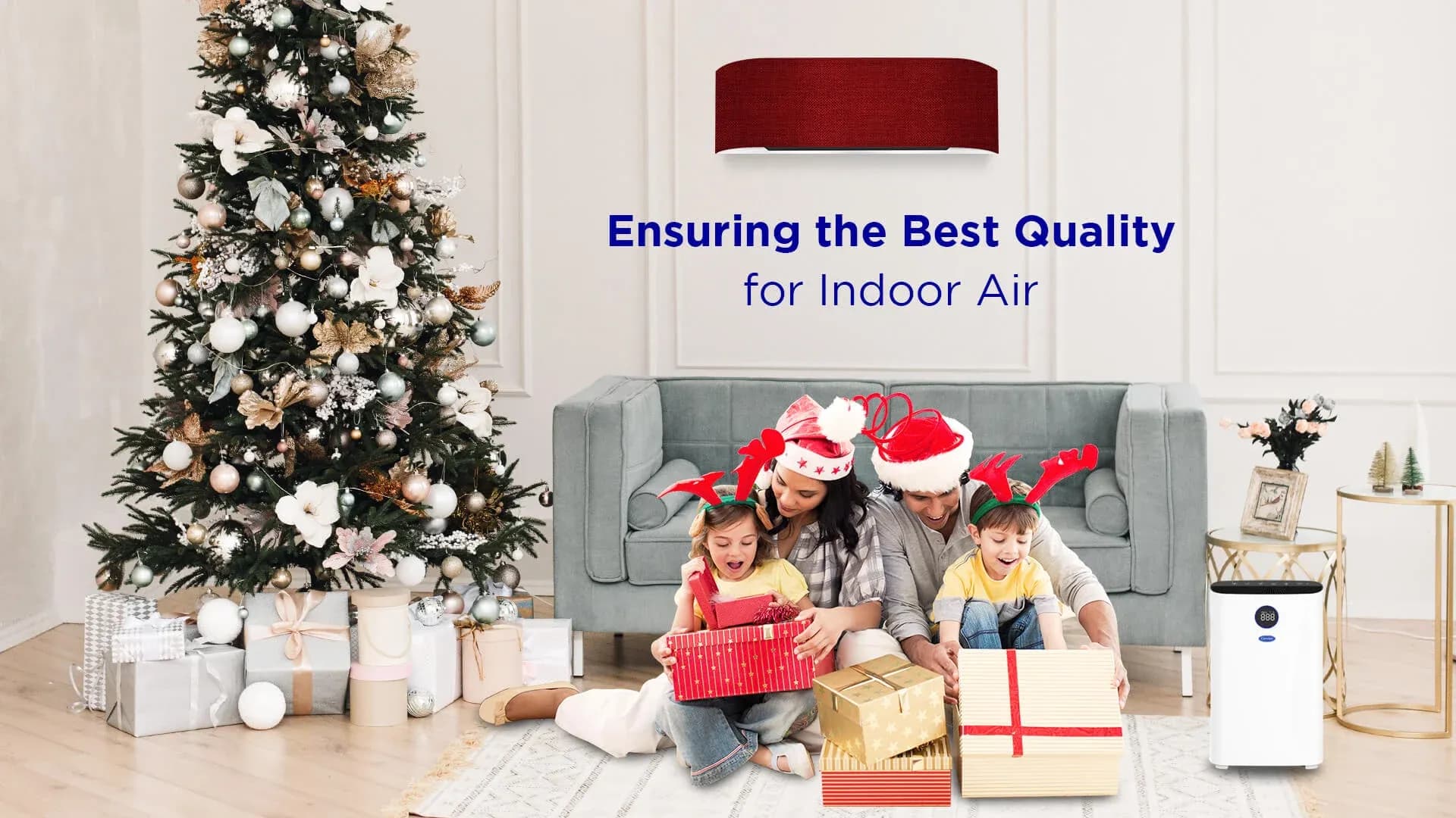 A family celebrating the holidays with Carrier Philippines portable aircon and split type aircon for best indoor air quality